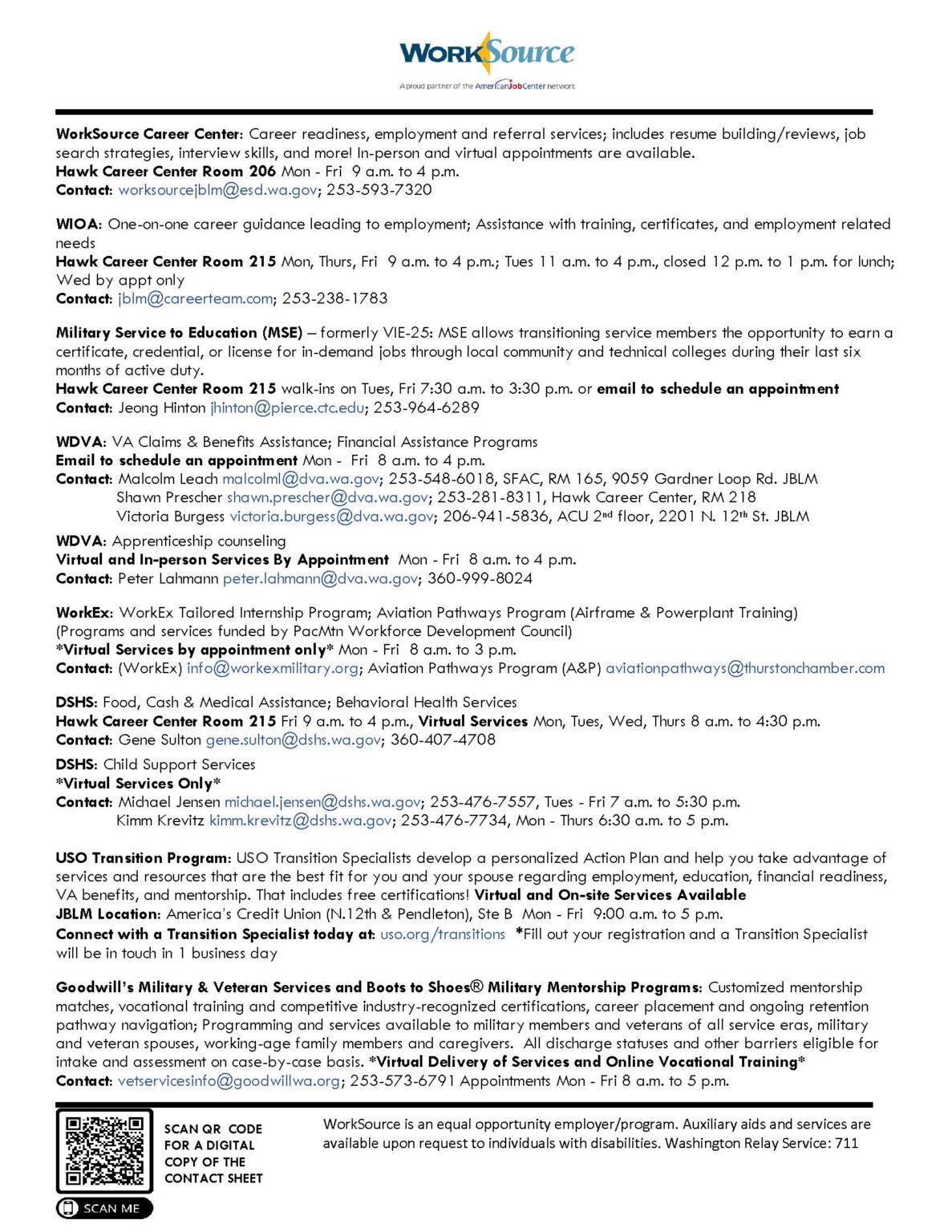 WorkSource JBLM Contact Sheet WorkSource Pierce